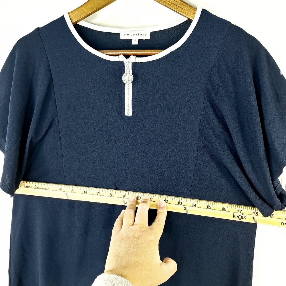 Retrology Navy Blue White Flutter Blouse Top CZ Eternity Circle Zip-Up Sz S - Picture 8 of 11